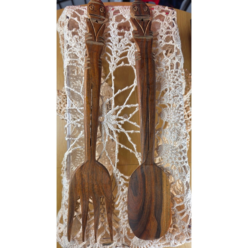 Vintage Hand Carved Wooden Tiki Tribal Salad Servers Spoon and Fork Set 14 Inch